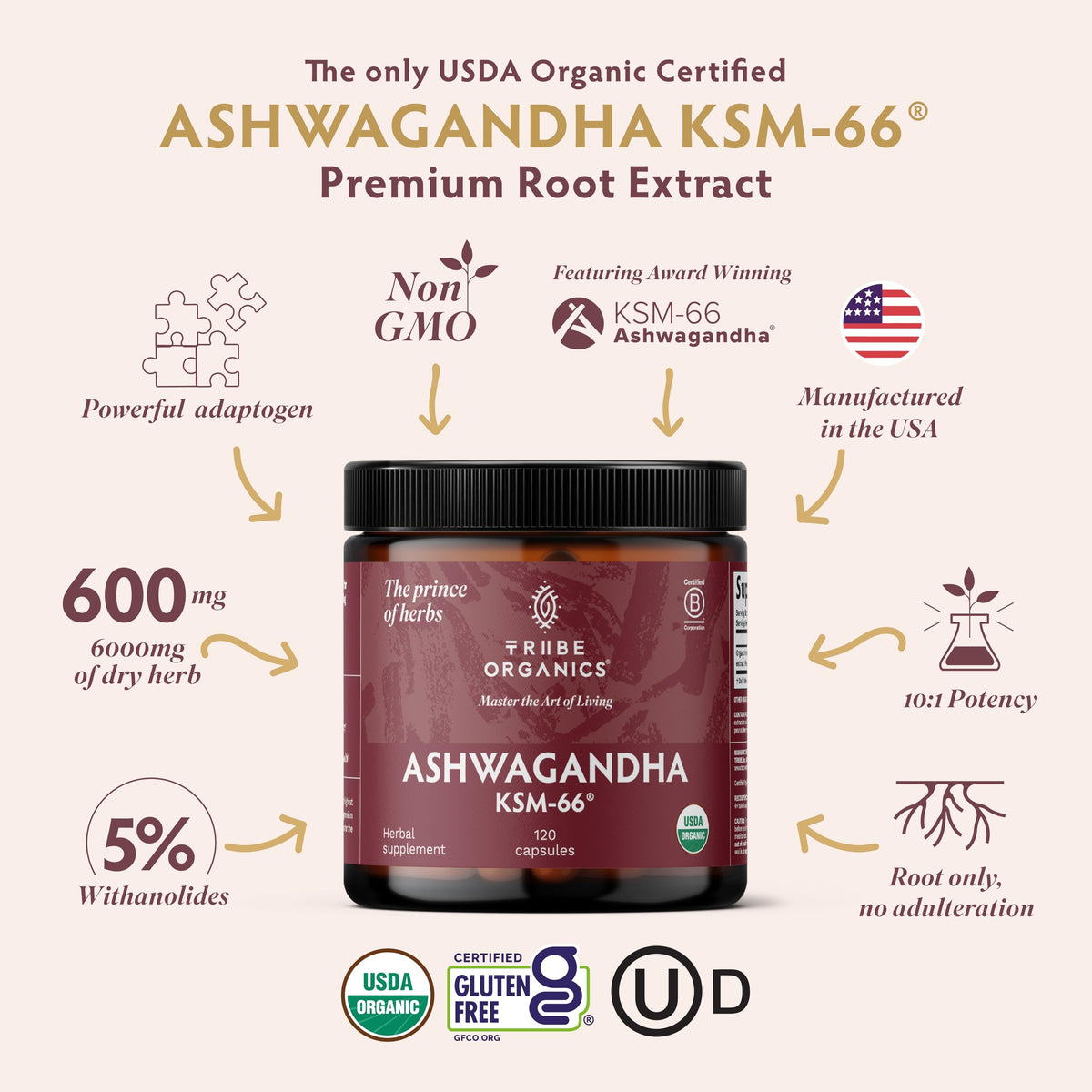 TRIBE ORGANICS Ashwagandha KSM 66 Pure Organic Root Powder Extract Ayurvedic Supplement - Focus, Mood Support, Increase Energy, Strength, 600mg of Natural KSM66 for Superior Absorption - 120 Capsules TRIBE ORGANICSBuy Supplements Australia