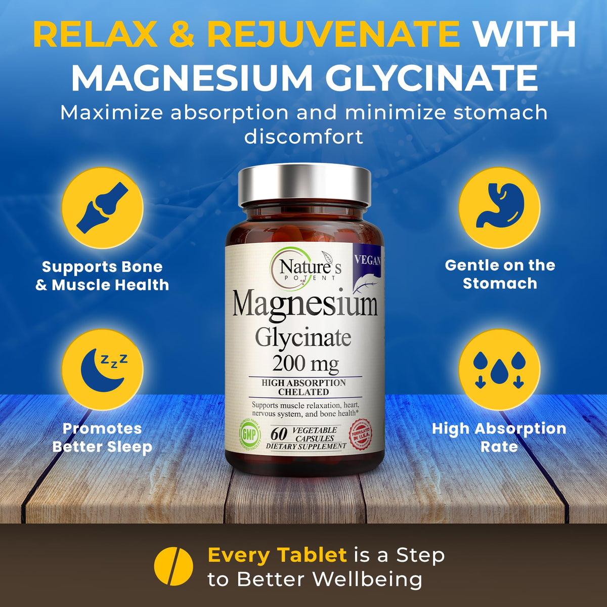 Nature’s Potent Magnesium Glycinate 200mg | High Absorption Chelated Magnesium | Sleep, Calm & Muscle Cramp Support | Vegan Supplement | 60 Capsules Nature's PotentBuy Supplements Australia