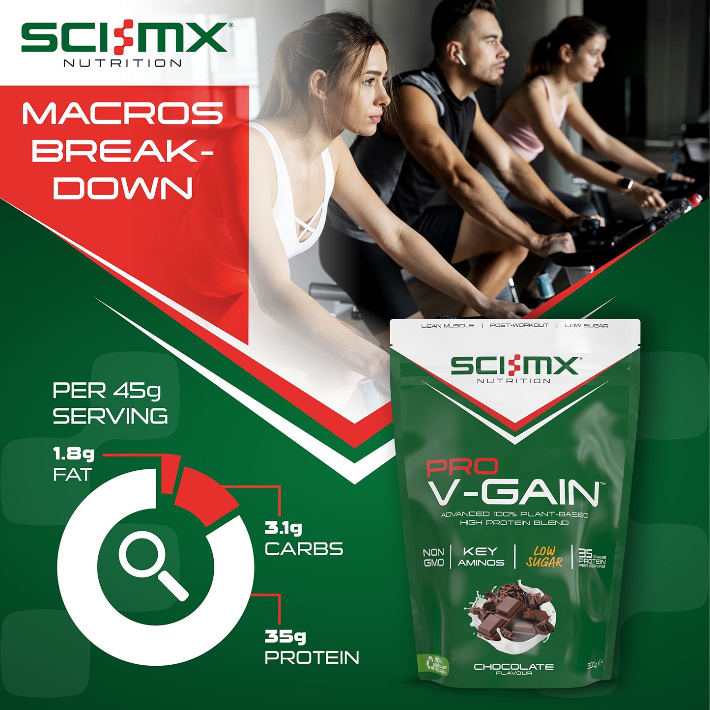 SCI-MX Pro V Gain 100% Plant Based Vegan Protein Formula With No Added Sugar - Chocolate Flavour - 900g - 20 SERVINGS SCI-MXBuy Supplements Australia