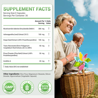 Nature Whisper NAD+ Supplement 620mg | 6-in-1 Complex with Resveratrol, Ashwagandha & Urolithin A - Daily Energy Stack for Focus, Brain Fog & Healthy Aging - 60 Capsules Nature WhisperBuy Supplements Australia