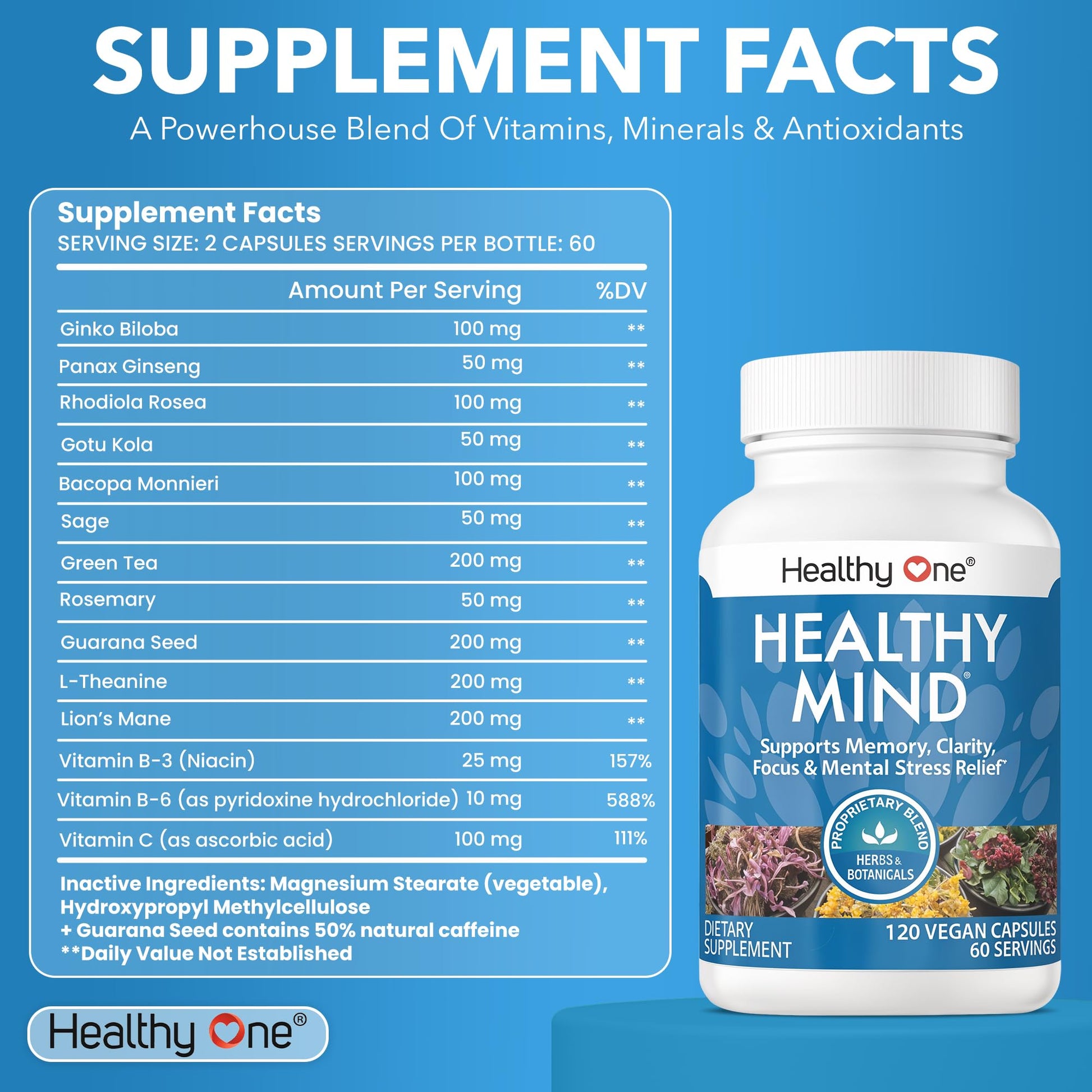Healthy Mind - Safe for Teens - Brain Fog - Cognitive Function - Concentration - Focus - Neural Optimization - Mood - Ginkgo Biloba - Ginseng - Rhodiola - Bacopa - Gotu Kola - Green Tea - 60 Count Healthy OneBuy Supplements Australia