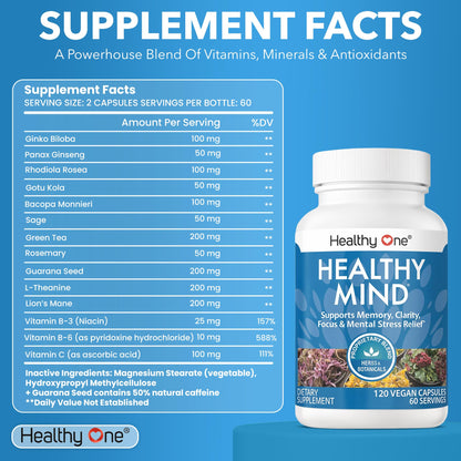 Healthy Mind - Safe for Teens - Brain Fog - Cognitive Function - Concentration - Focus - Neural Optimization - Mood - Ginkgo Biloba - Ginseng - Rhodiola - Bacopa - Gotu Kola - Green Tea - 60 Count Healthy OneBuy Supplements Australia