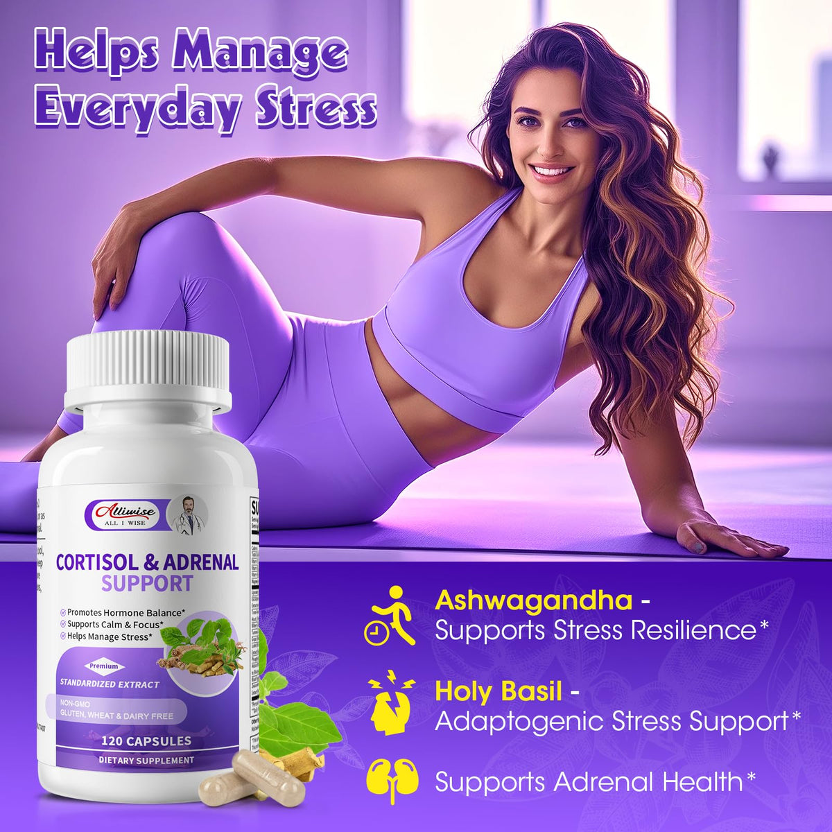 Alliwise Cortisol Supplements for Women & Men - Adrenal Support with Ashwagandha, L-Theanine & Holy Basil for Stress Relief, Mood & Steady Focus - Hormone Balance - 120 Vegan Capsules AlliwiseBuy Supplements Australia
