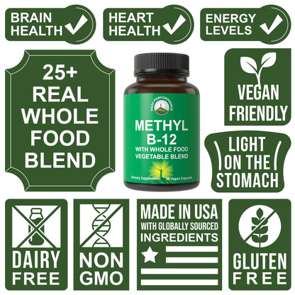 Methyl B12 Vitamin + Whole Food Blend of 25 Vegetables and Fruits for Max Absorption. Vegan Vitamin B12 Methylcobalamin - Methyl B-12 Supplement for Energy, Focus and Relief. 30 Day Supply Capsules Peak PerformanceBuy Supplements Australia