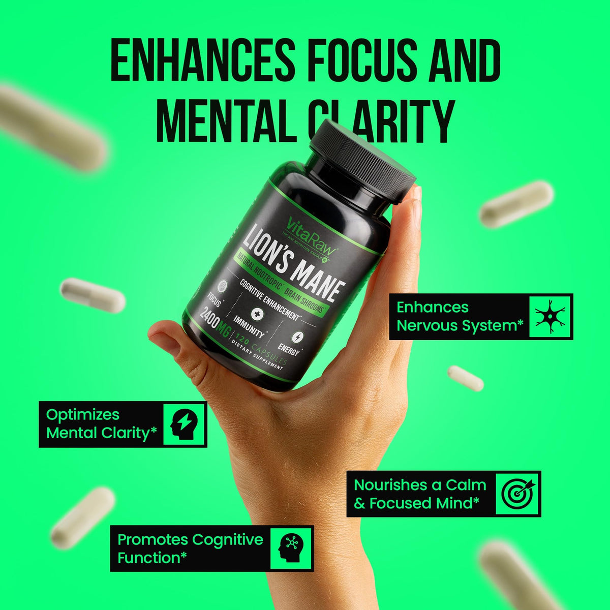 VitaRaw Organic Lions Mane Supplement Capsules 2400 mg - Powerful Nootropic - Helps Maintain Memory, Energy, and Mental Clarity - Vegan Brain Booster Focus Pills - Real Lion's Mane Supplement VitaRawBuy Supplements Australia