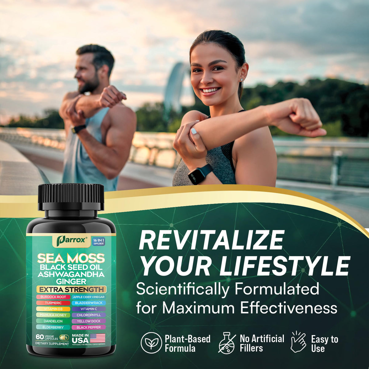 Parrox Sea Moss, Black Seed Oil, Ashwagandha, Turmeric, Chlorophyll, Dandelion, Ginger, Vitamin D3, Black Pepper, Elderberry, ACV, Yellow Dock, Burdock Root, Manuka, Vitamin C, Bladderwrack (60 Caps) ParroxBuy Supplements Australia