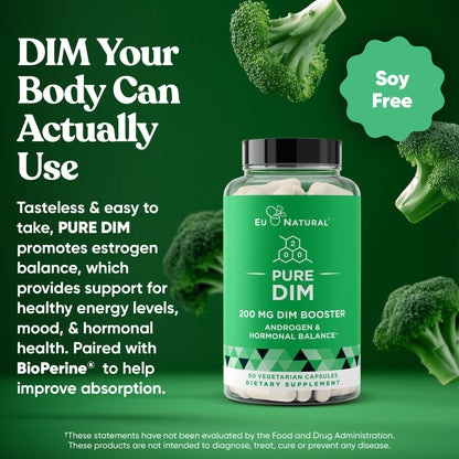 DIM Supplement Pure 200 Mg for Women or Men – Estrogen Hormone Balance Supplement for Energy, Fatigue, Stress, Menopause, Hot Flashes – Enhanced Bioavailability BioPerine – 60 Vegan Soft Capsules Eu NaturalBuy Supplements Australia