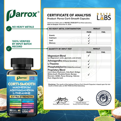 Parrox Corti-Smooth Cortisol Supplement Magnesium, L-Theanine, Ashwagandha, Phosphatidylserine, Valerian Root, Lions Mane, Bacopa Monnieri, Ginkgo Biloba, Panax Ginseng, Magnolia Bark, GABA (60 Caps) ParroxBuy Supplements Australia