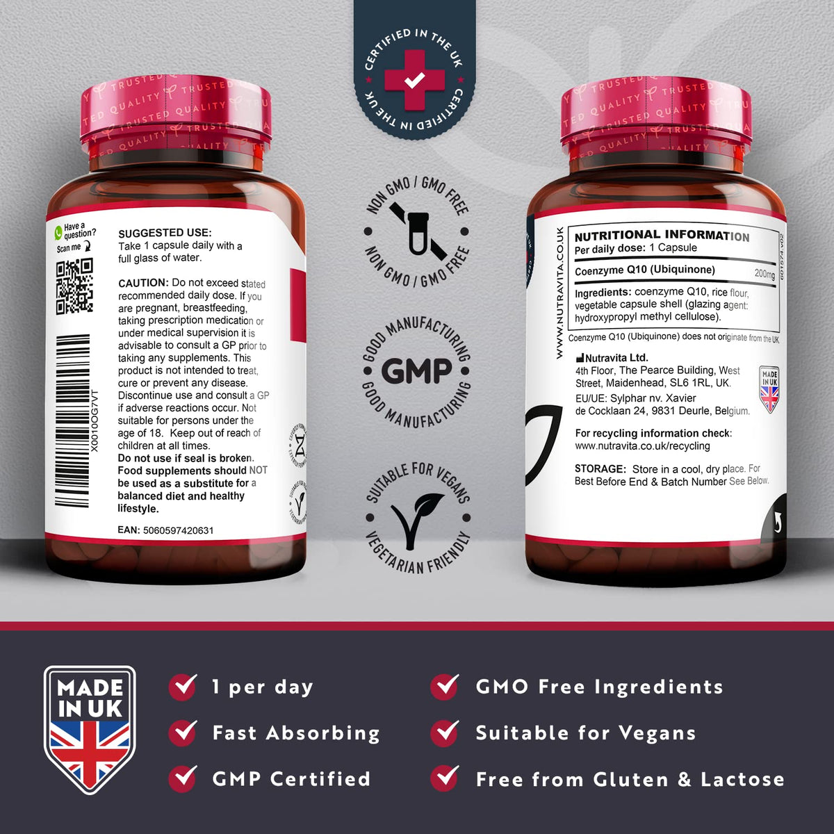 CoQ10 200mg - 120 Vegan Capsules of High Strength Co Enzyme Q10 (4 Months Supply) NutravitaBuy Supplements Australia
