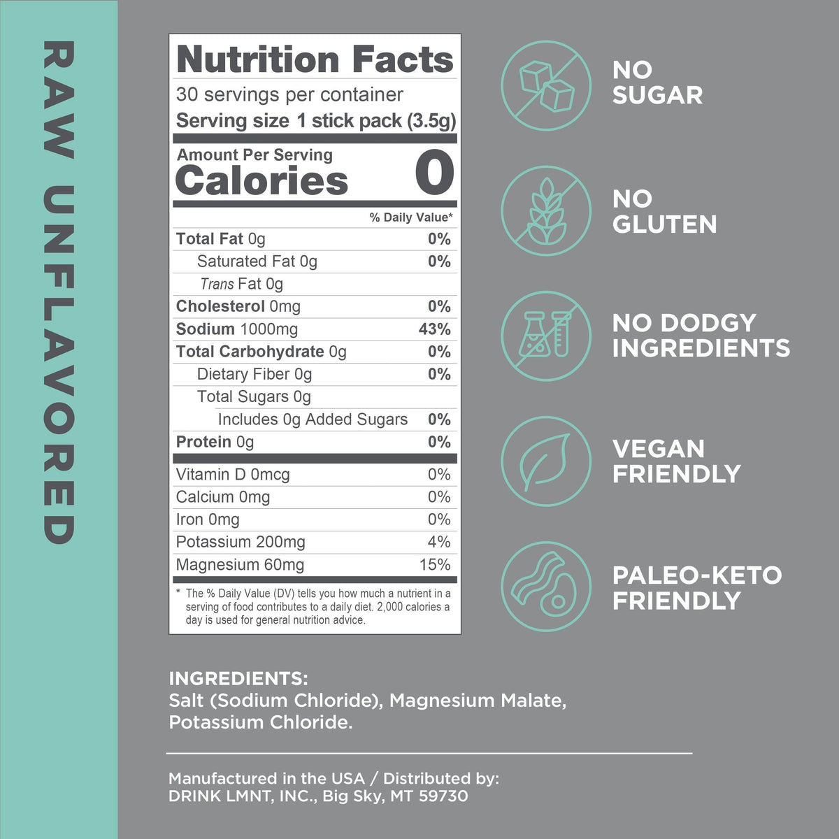LMNT Zero-Sugar Electrolytes - Raw Unflavored Salt - Hydration Powder Packets Drink LMNTBuy Supplements Australia