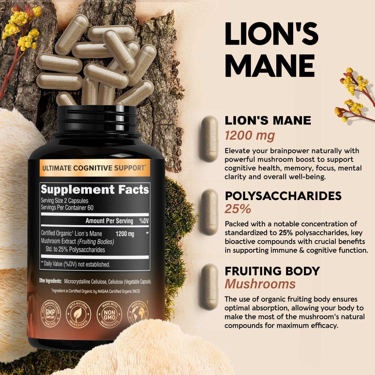 Organic Lions Mane - Certified Mushroom Supplement - Made in USA - Fruiting Bodies NUTRAHARMONYBuy Supplements Australia