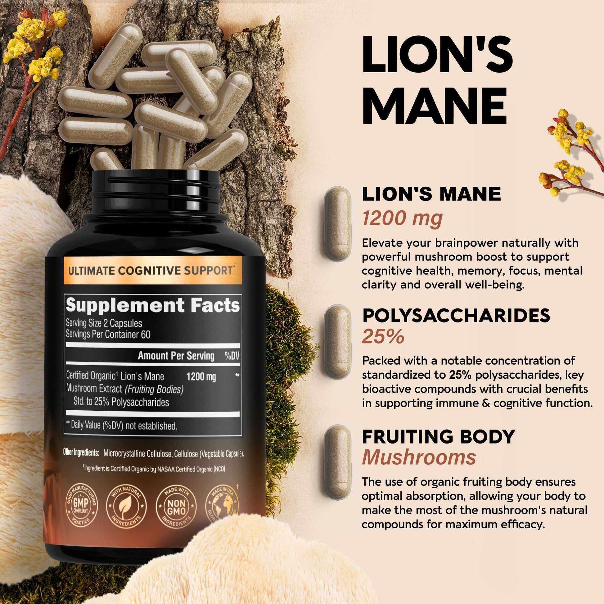Organic Lions Mane - Certified Mushroom Supplement - Made in USA - Fruiting Bodies NUTRAHARMONYBuy Supplements Australia