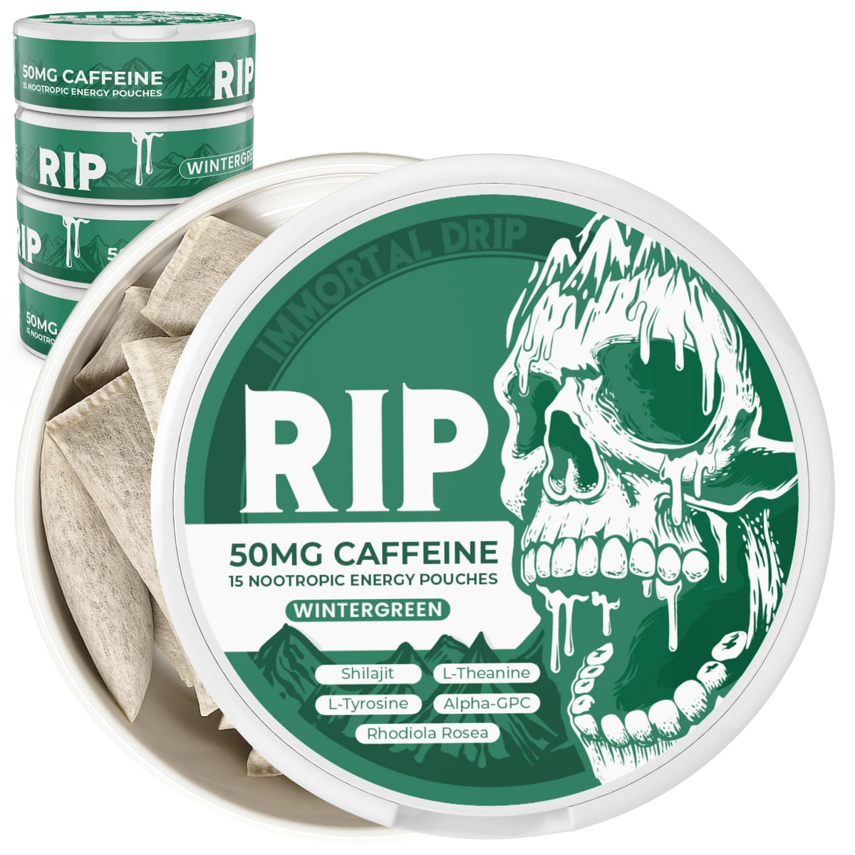 Immortal Drip RIP Nootropic Energy Pouches (Wintergreen) – 5 Cans – 15 Pouches per Can – Clean Energy & Focus Support – 50mg Caffeine, Shilajit, Alpha-GPC, L-Tyrosine, Rhodiola Immortal DripBuy Supplements Australia