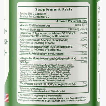 vitaxmin NAD Resveratrol Supplement 200mg with Berberine NAC Collagen - Nicotinamide Riboside NMN NADH CoQ10 Biotin Hyaluronic Acid - Hair Skin Nails Supplement - 60 Capsules vitaxminBuy Supplements Australia