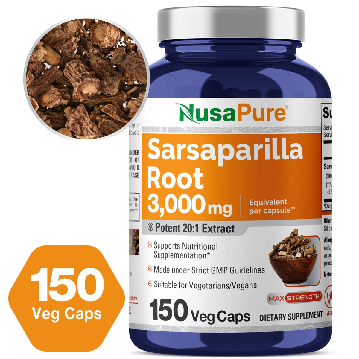 NusaPure Sarsaparilla Root 20:1 Extract - Suitable for Vegetarian/Vegan, Non - GMO - 3000 mg - 150 Capsules NusaPureBuy Supplements Australia
