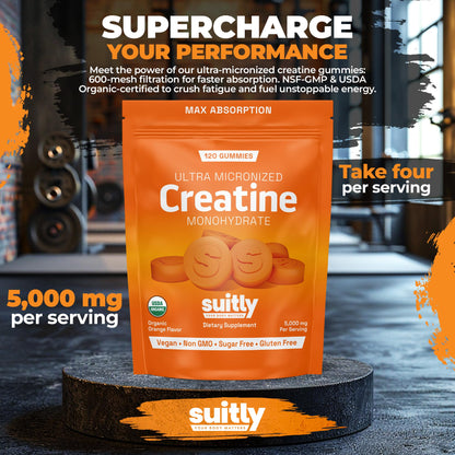 USDA Organic Ultra-Micronized Creatine Gummies for Men & Women; Orange Max Absorption 5g Creatine Gummies Sugar Free for Muscle Gain, Energy & Recovery; Muscle Builder for Women with Pouch - 120 Count SuitlyBuy Supplements Australia