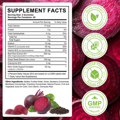 Beet Root Gummies Enriched with 200mg CoQ10 & Beet Root Extract for Blood Pressure, Heart Health Support, Energy Level Suport, Promoting Nitric Oxide