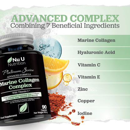 Marine Collagen with Hyaluronic Acid, Vitamin C - 90 Hydrolysed Capsules (not Tablets Nu U NutritionBuy Supplements Australia