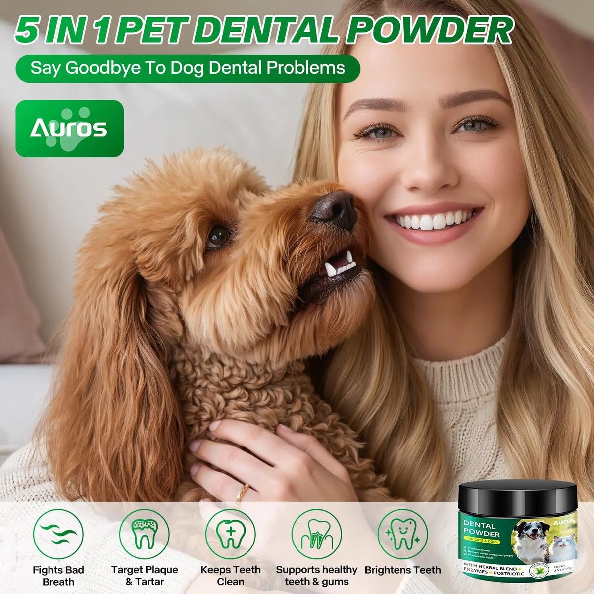 Dog Dental Powder for Teeth Cleaning Plaque & Bad Breath Off, Dental Powder for Dogs Teeth with Natural Herbal Blend & Postbiotics, Dog Teeth Cleaning Powder with Enzymes for Dogs & Cats (3.5oz) AUROSBuy Supplements Australia