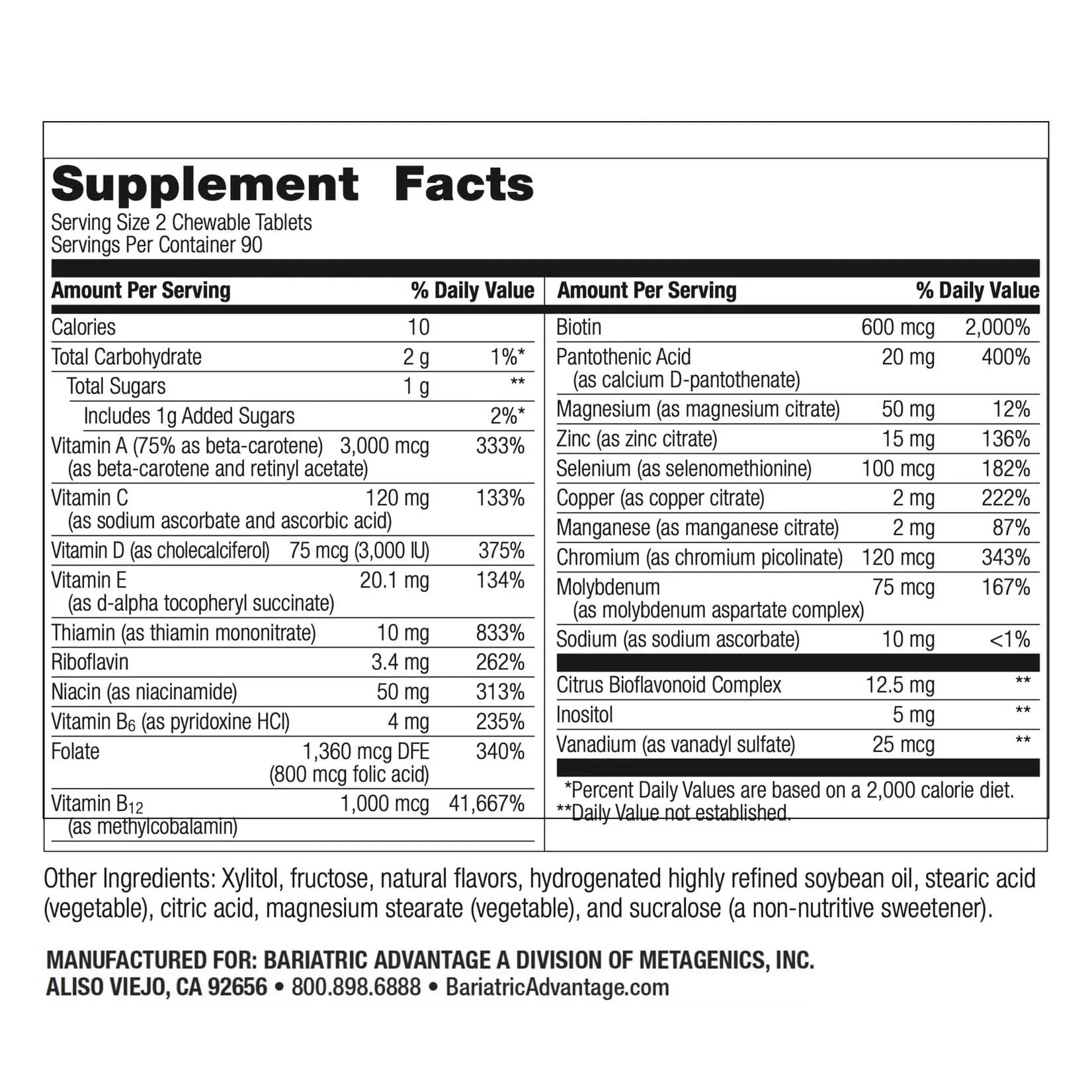 Bariatric Advantage Chewable Essential Multivitamin Without Iron - 200 DV of Key Nutrients - Trace Mineral Support Bariatric Advantage
