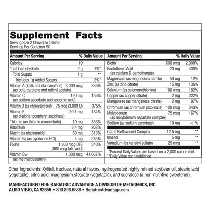 Bariatric Advantage Chewable Essential Multivitamin Without Iron - 200 DV of Key Nutrients - Trace Mineral Support Bariatric Advantage