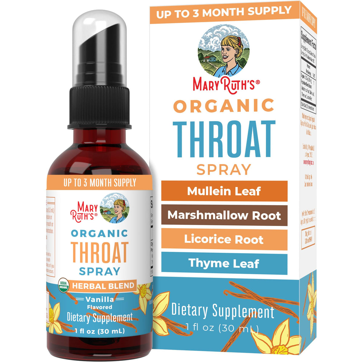 MaryRuth Organics USDA Organic Throat Spray with Mullein Leaf | Marshmallow Root & Licorice Root & Thyme Leaf | Vanilla | 4 Herbal Blend | Non-GMO | Vegan | Gluten Free | 1 Fl Oz | Up to 100 Servings MARYRUTH'SBuy Supplements Australia