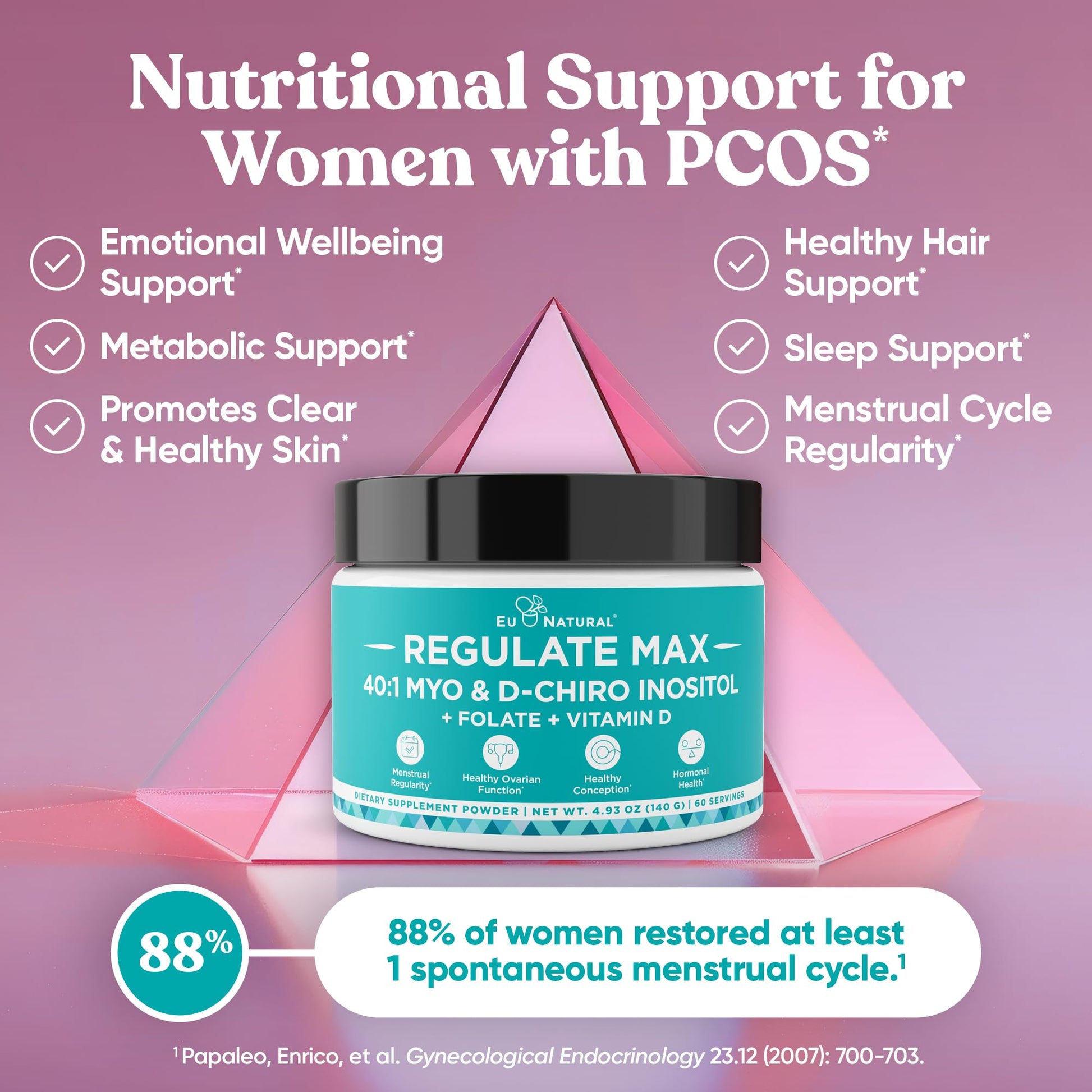 Eu Natural Regulate MAX Myo-Inositol & D-Chiro Inositol Supplement Powder for Women with Vitamin D & Folate Nutritional Support, Hormone Balance & Fertility Support, Unflavored 60 Servings Eu NaturalBuy Supplements Australia
