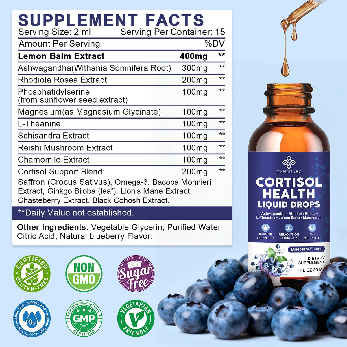 Cortisol Supplements for Women - Cortisol Manager Liquid Drops with Magnesium, Ashwagandha & Rhodiola rosea, L-theanine - Promotes Relaxation & Better Sleep, Mood, Blueberry Flavors, 1FL.OZ(2PC) YANLUOBOBuy Supplements Australia