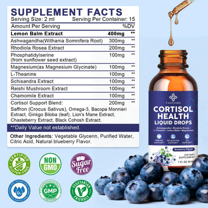 Cortisol Supplements for Women - Cortisol Manager Liquid Drops with Magnesium, Ashwagandha & Rhodiola rosea, L-theanine - Promotes Relaxation & Better Sleep, Mood, Blueberry Flavors, 1FL.OZ(2PC) YANLUOBOBuy Supplements Australia