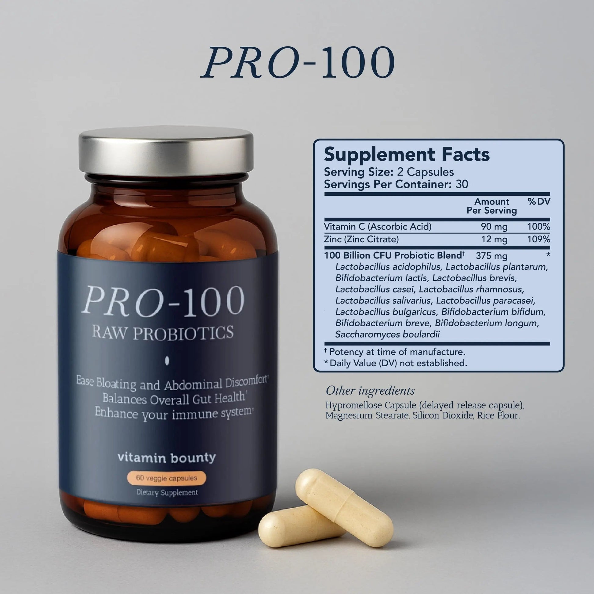 Vitamin Bounty Pro-100 Probiotic 100 Billion CFU - 13 Strains for Digestive Health & Immune Support - High Potency Probiotics for Women & Men - Delayed Release Capsules for Gut Health - 60 Count Vitamin BountyBuy Supplements Australia