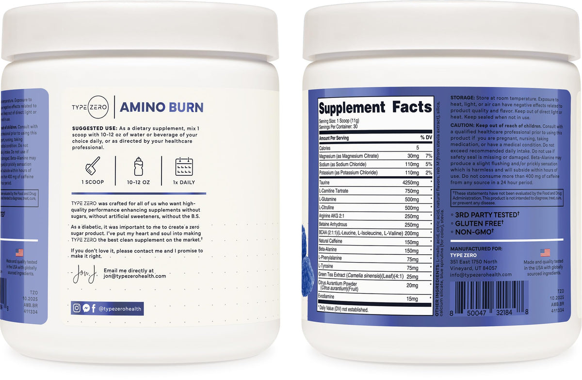 Type Zero Amino Burn - Vegan BCAA + Clean Pre Workout Powder with Arginine AKG, L-Citrulline & Beta Alanine - Amino Acid Clean Energy, Endurance & Hydration Supplement - Blue Raspberry, 30 Servings Type ZeroBuy Supplements Australia