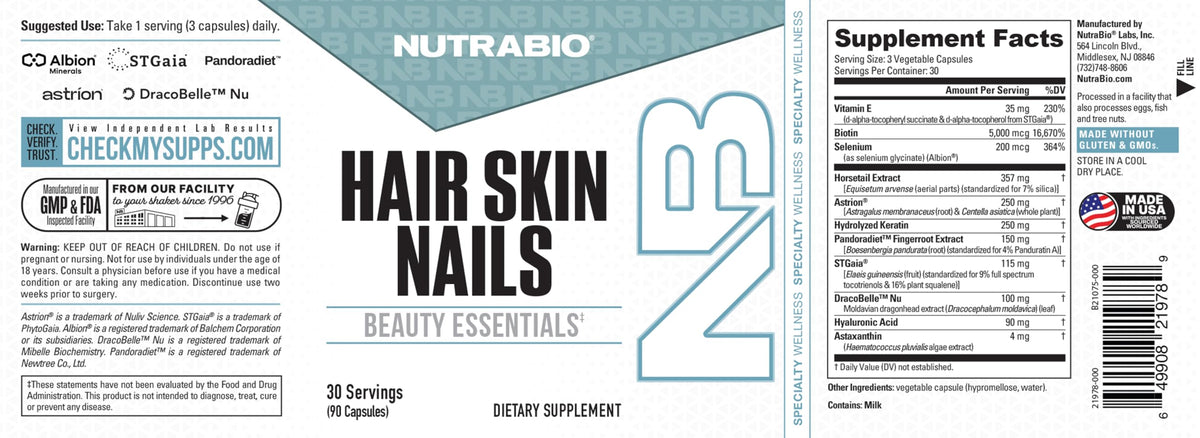 NutraBio Hair Skin Nails Vitamins | Enhanced Collagen Support | Skin Hydration | Hair Growth Vitamins for Women with Biotin, Keratin, Hyaluronic Acid & More - 90 Capsules NutraBioBuy Supplements Australia