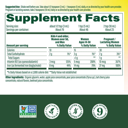 MegaFood Blood Builder Liquid Iron Supplement for Women, Men & Kids, Clinically Shown to Increase Iron Levels Without Constipation,