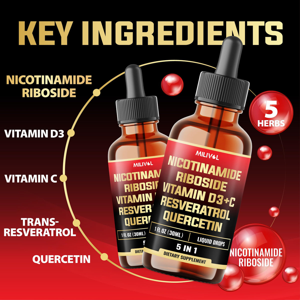 MILIVOL 5in1 NAD+ Liquid Drops w/Nicotinamide Riboside NR 900mg, Quercetin 500mg, Trans-resveratrol 500mg, Vitamin D3-C - Cellular Energy & Repair, Vitality, Healthy Aging - 1FL Oz - 1 Month Supply MILIVOLBuy Supplements Australia