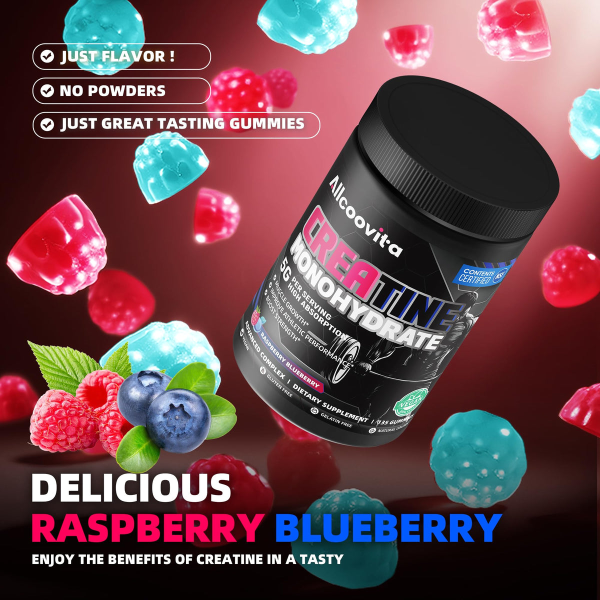 NSF Certified Creatine Gummy 5g - Creatine Monohydrate Gummies for Men & Women. Boost Focus,Strength, and Endurance, Anti-Melting Formula, Vegan, Gluten-Free, Non-GMO,(Raspberry & Blueberry 135 ct) AllcoovitaBuy Supplements Australia