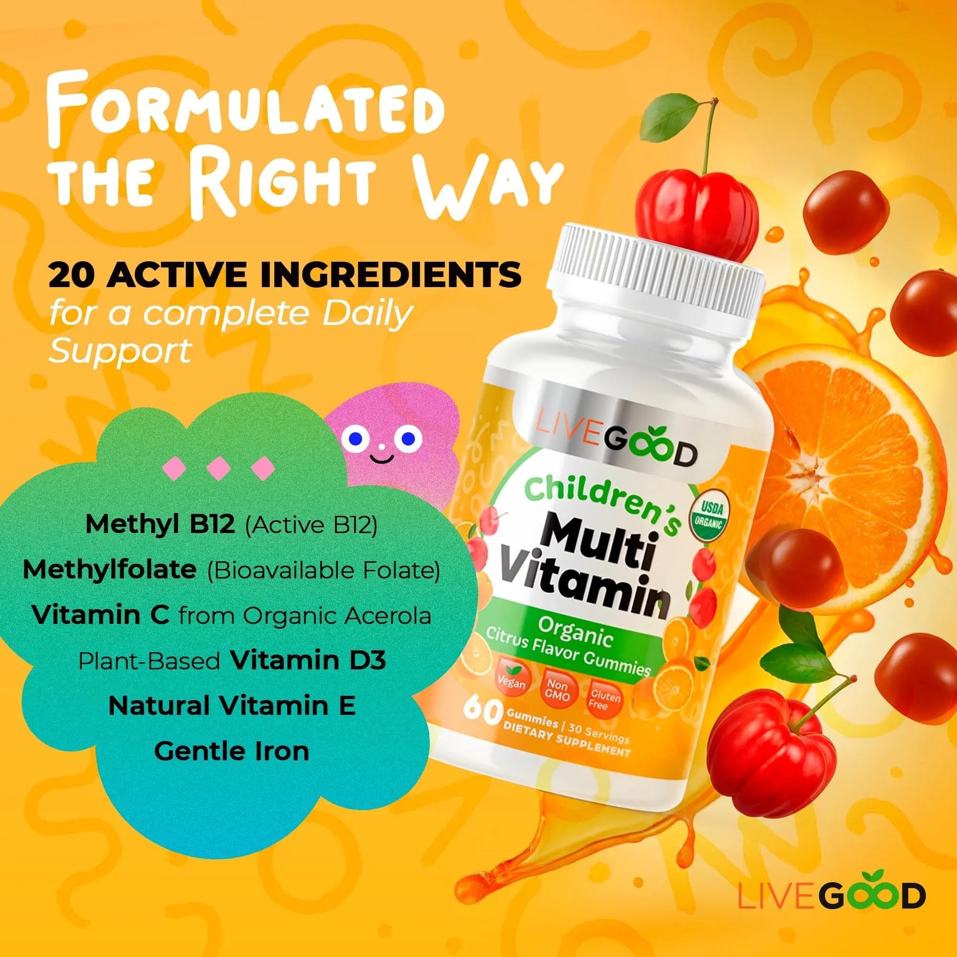 LIVEGOOD Organic Children’s Multivitamin Gummies, Kids Multivitamin, Vitamin D for Toddlers and Children, Organic Kids Chewable Vitamins for Immunity LIVEGOOD