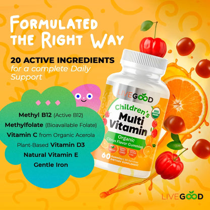 LIVEGOOD Organic Children’s Multivitamin Gummies, Kids Multivitamin, Vitamin D for Toddlers and Children, Organic Kids Chewable Vitamins for Immunity LIVEGOOD