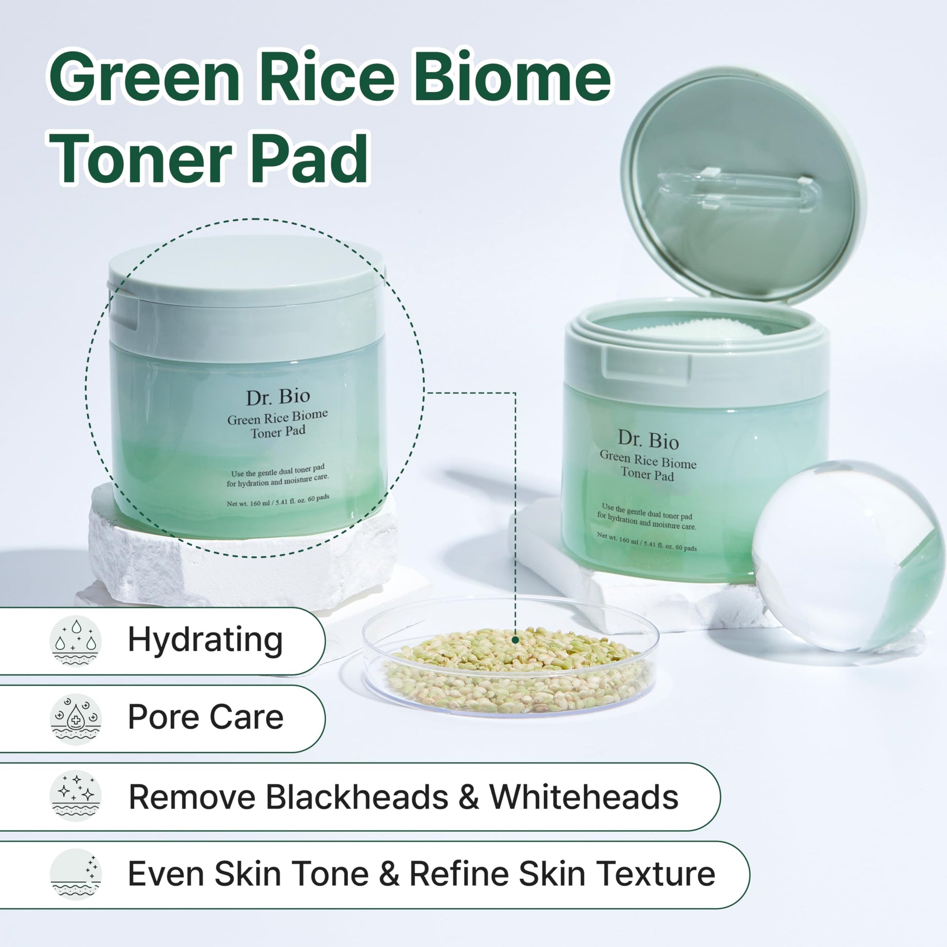 Dr.Bio Green Rice Biome Toner Pad (5.54oz/60 Pads) with Probiotic, Exfoliating, Remove Blackheads & Whiteheads, Radiant Skin, Dual-Sided Pad for Sensitive Skin, Fragrance-Free, Vegan Korean Skincare Dr.Bio buy supplements Au