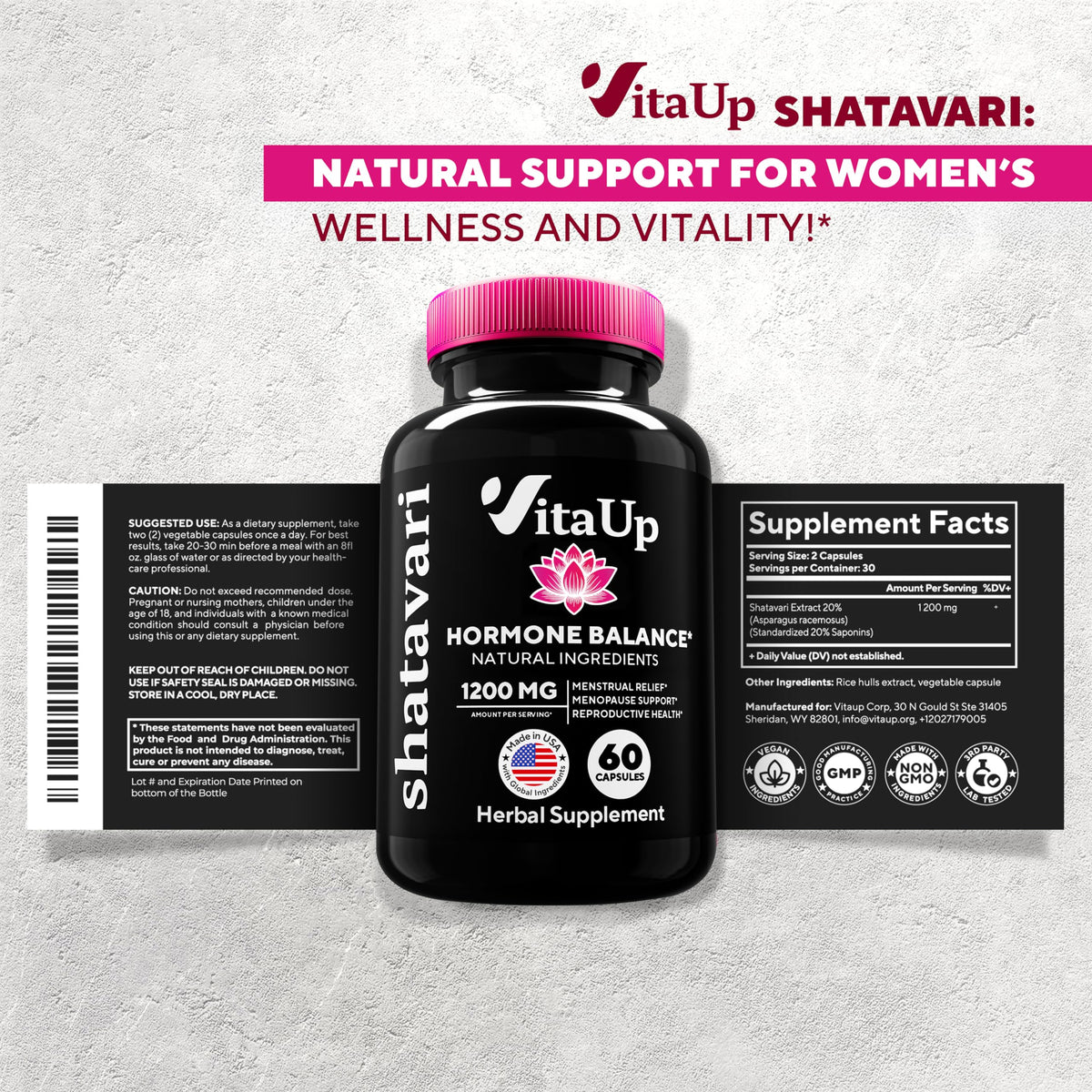 VitaUp Shatavari Capsules for Women 1200mg - USA Made Shatavari Root Supplement for Normal Hormonal Support, Menopause & Menstrual Wellness - 60 Vegan Capsules VitaUpBuy Supplements Australia
