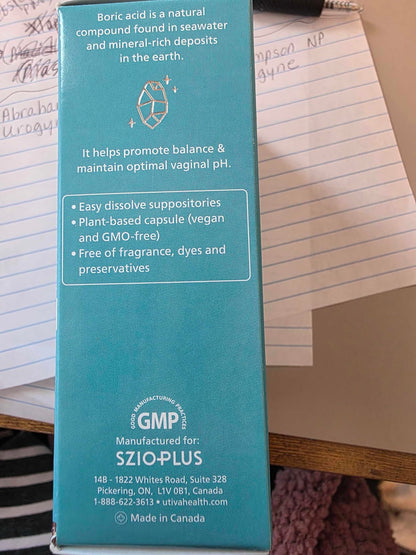 Szio+ Utiva Boric Acid Suppositories for Women - pH Balance - Feminine Care - 600mg Boric Acid to Lower pH and Support Vaginal Health, BV Treatment for Women, 30 Vaginal Suppositories Szio+Buy Supplements Australia