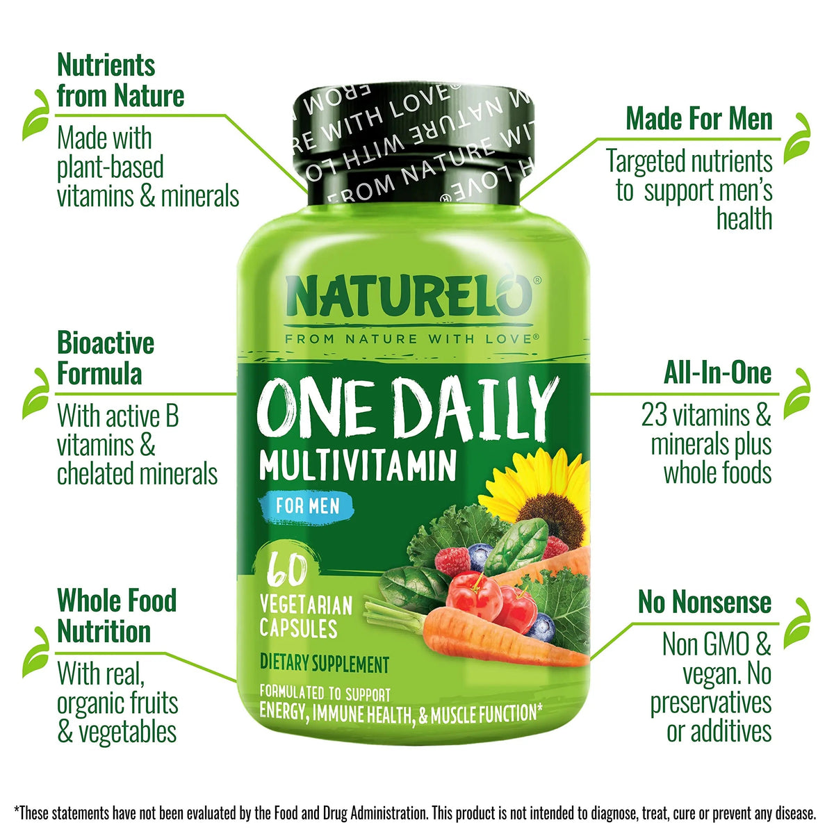 NATURELO One Daily Multivitamin for Men with Vitamins, Minerals & Organic Whole Foods - 60 Capsules and Magnesium Glycinate Chelate Complex NATURELO