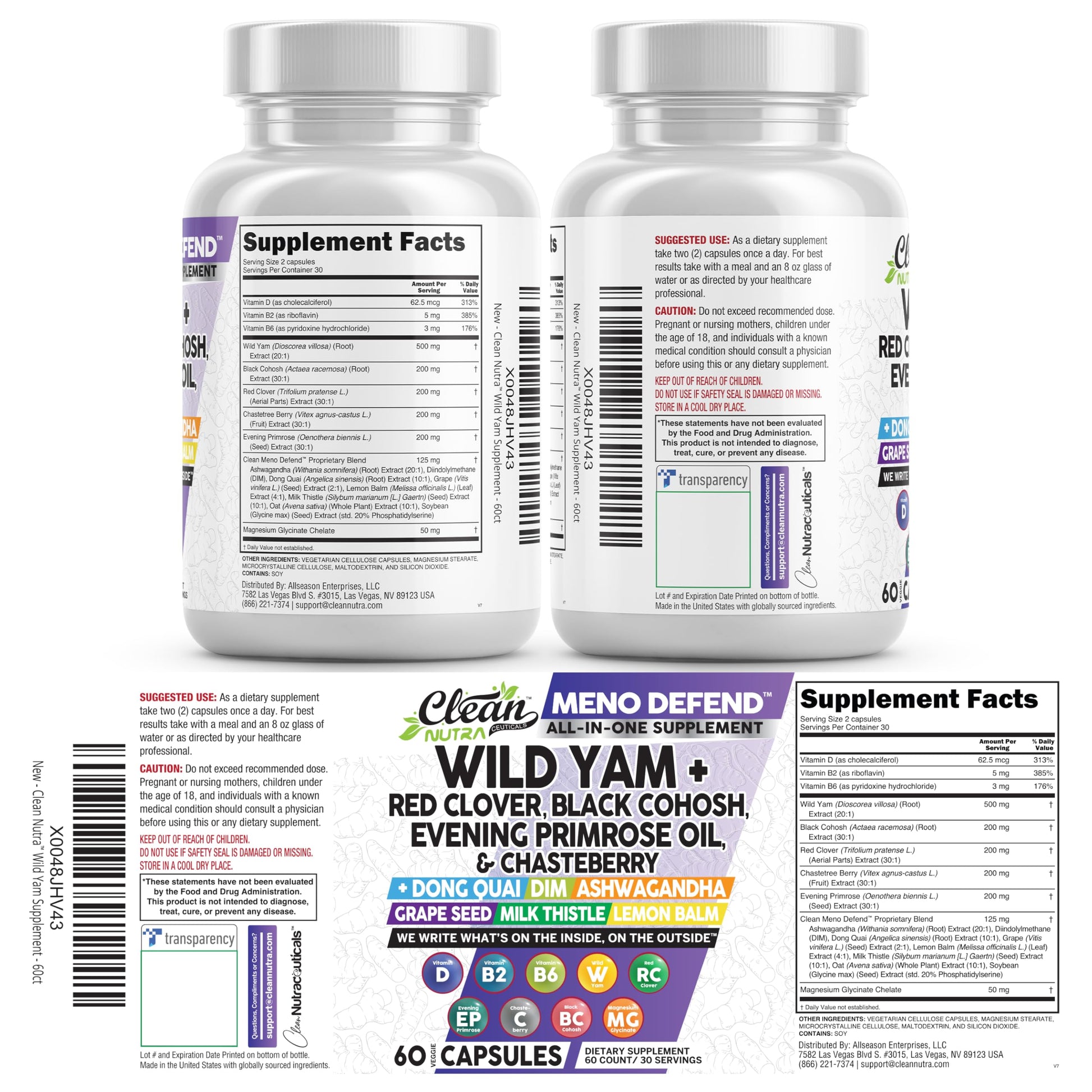 Clean Nutra Wild Yam Root Capsules with Red Clover Black Cohosh Evening Primrose Oil Chasteberry Dong Quai DIM Ashwagandha Grape Seed Extract Milk Thistle Lemon Balm Clean Nutraceuticals canada supplements