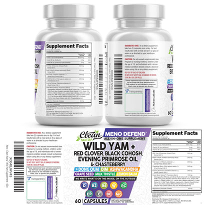 Clean Nutra Wild Yam Root Capsules with Red Clover Black Cohosh Evening Primrose Oil Chasteberry Dong Quai DIM Ashwagandha Grape Seed Extract Milk Thistle Lemon Balm Clean Nutraceuticals canada supplements