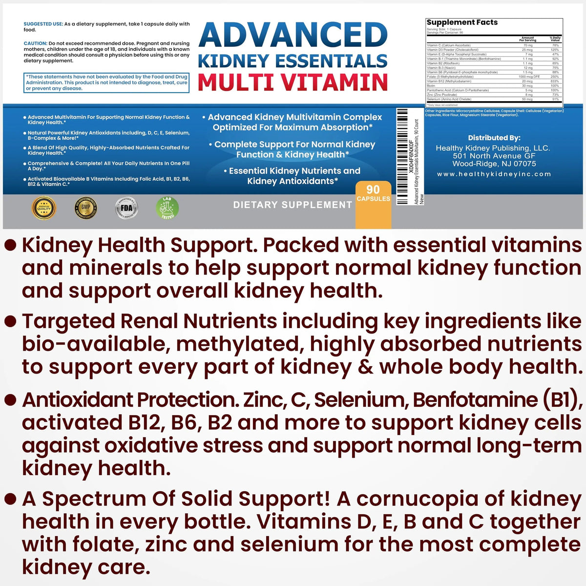 Advanced Kidney Essentials Multivitamin. Kidney Support Supplement for Complete Kidney Health. Kidney Health Supplement Kidney Restore