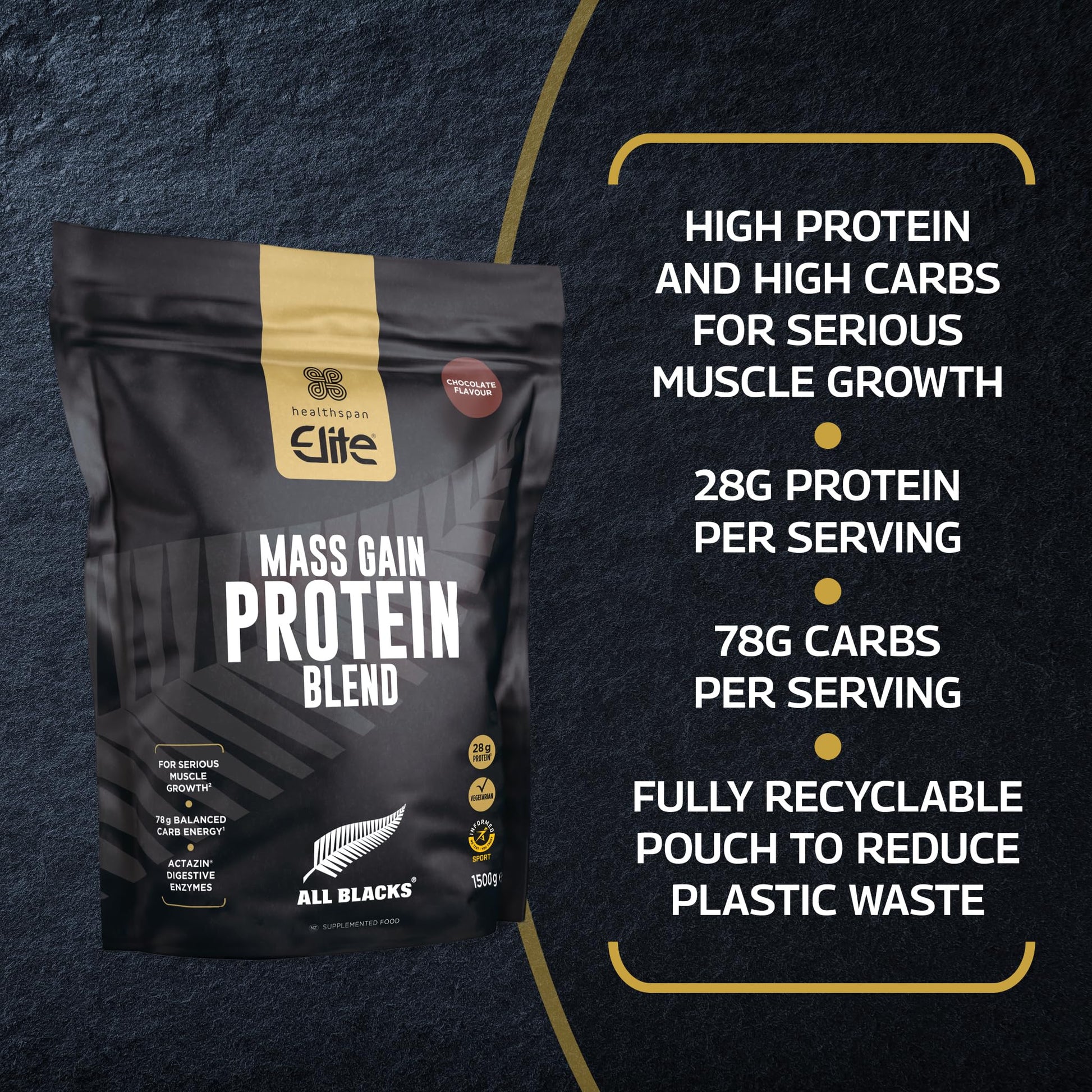 Healthspan Elite All Blacks Mass Gain Protein Blend (1500g) | Chocolate | 28g of Protein Healthspan EliteBuy Supplements Australia