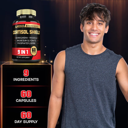 9in1 Cortisol Shield - Ashwagandha & Magnesium Glycinate, Rhodiola, Phosphatidylserine, L-Theanine, Licorice Root, St. John's Wort, Lions Mane - Mind & Mood, Restful Night Support - 60 Capsules MeciscoBuy Supplements Australia