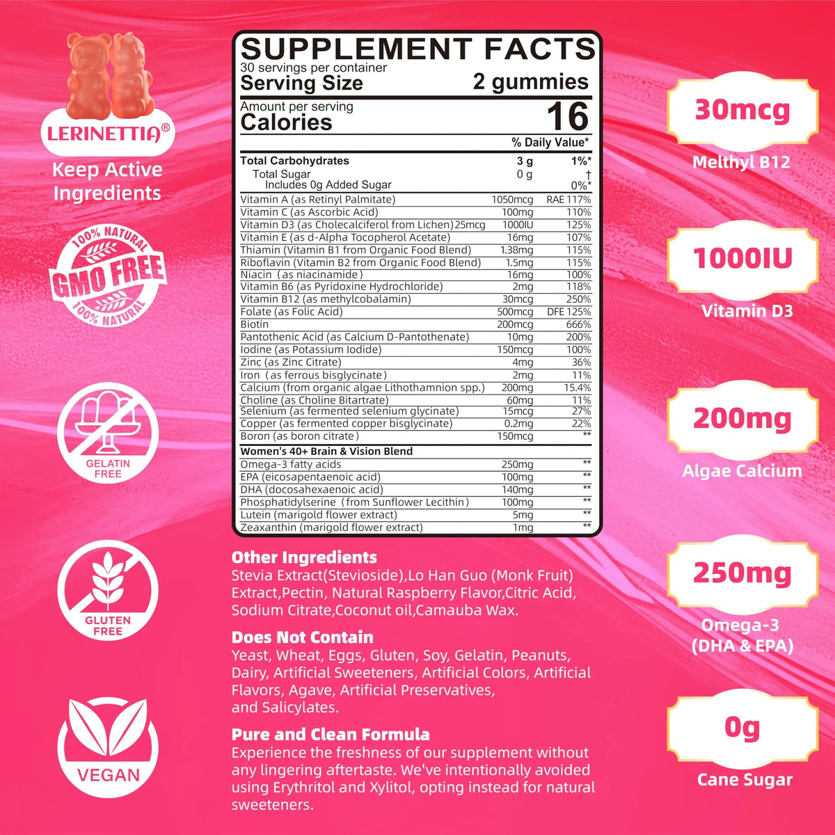 Lerinettia Multivitamin for Women Gummies for 40+ with Omega-3, Niacinamide, B-Complex, Lutein, Iron, Choline, Phosphatidylserine, Vitamin D3 Lerinettia