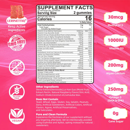 Lerinettia Multivitamin for Women Gummies for 40+ with Omega-3, Niacinamide, B-Complex, Lutein, Iron, Choline, Phosphatidylserine, Vitamin D3 Lerinettia