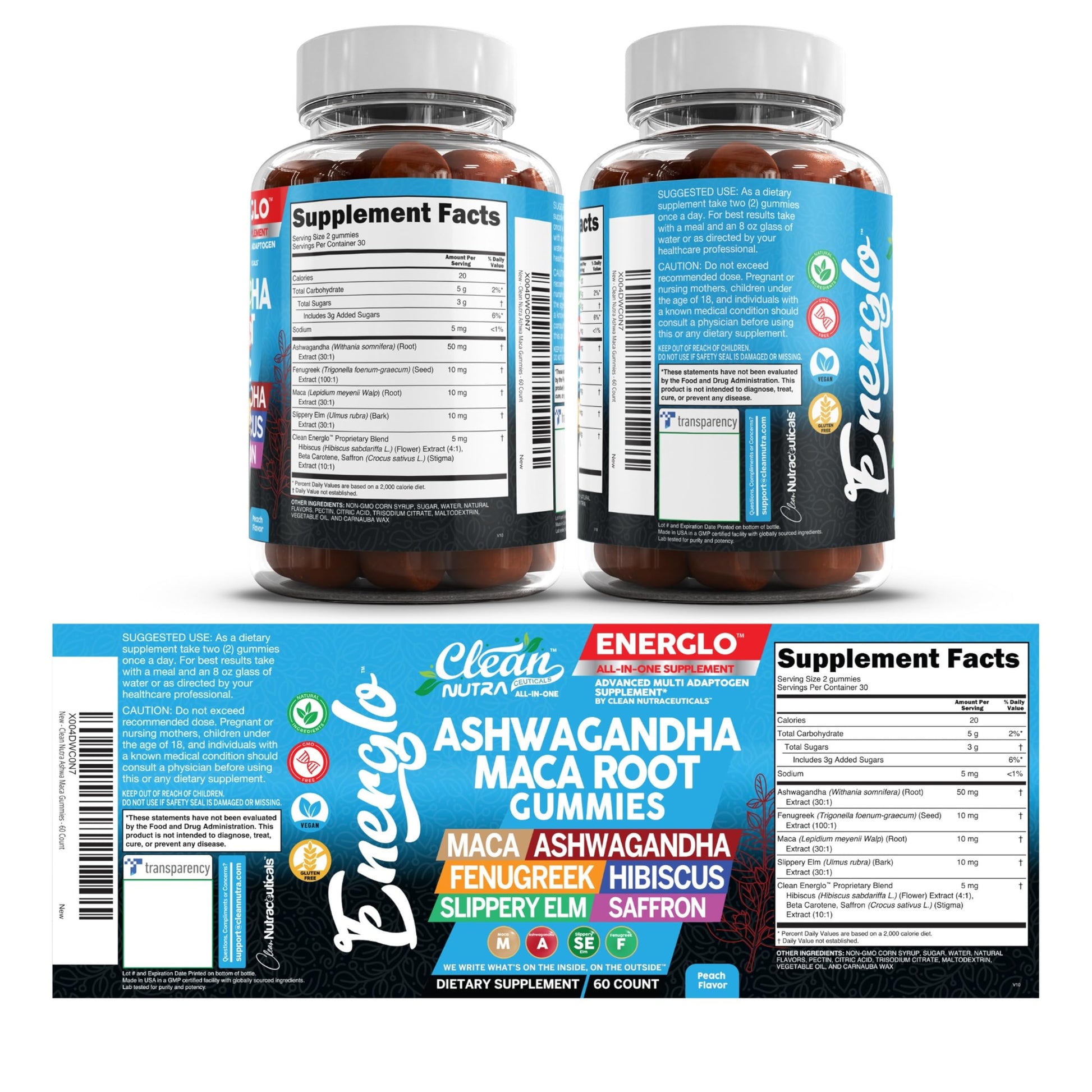 Ashwagandha Maca Root Gummies with Fenugreek Hibiscus Slippery Elm Saffron Extract & Beta Carotene | Peach Flavor Vegan Gummy Vitamins Adaptogen Cortisol Supplement Energlo by Clean Nutra Clean NutraceuticalsBuy Supplements Australia
