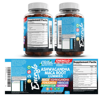 Ashwagandha Maca Root Gummies with Fenugreek Hibiscus Slippery Elm Saffron Extract & Beta Carotene | Peach Flavor Vegan Gummy Vitamins Adaptogen Cortisol Supplement Energlo by Clean Nutra Clean NutraceuticalsBuy Supplements Australia